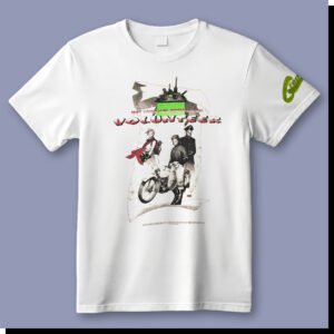 White 1997 Comic-Con International Volunteer T-shirt with sepia-toned illustration of characters and a motorcycle, plus a small green sleeve logo.