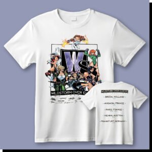 White T-shirt with front print of multiple WildStorm characters around a "WS" logo and "WildStorm Over Europe The 1997 Tour" text with artist signatures; back lists tour dates for Breda, Avignon, Paris, Vienna, and Frankfurt.